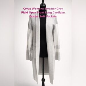 Cyrus Womens Lg Sweater Gray Plaid Open Front Long Cardigan Duster Soft Pockets